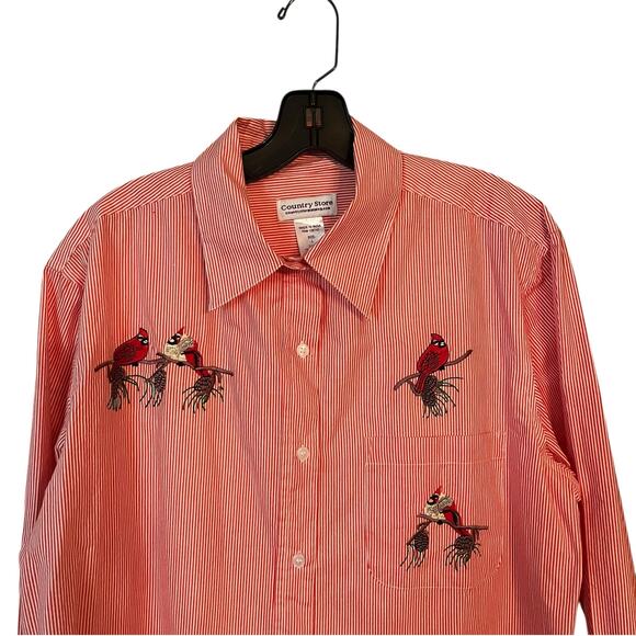 Country Store Catalog Red Striped Shirt M Embroidered Cardinals Cotton Birds - Picture 2 of 9